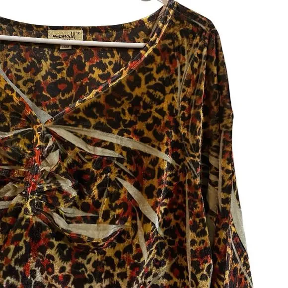 One World NEW $68 Top Woman 1X Boho Hippie Velvet Whimsigoth Tiger Khaki Blouse - Picture 2 of 7